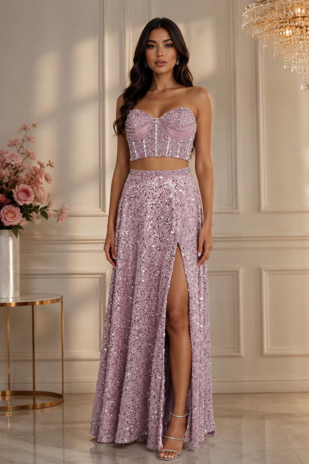 Thia Celeste Blush Sequin Two-Piece Evening Set