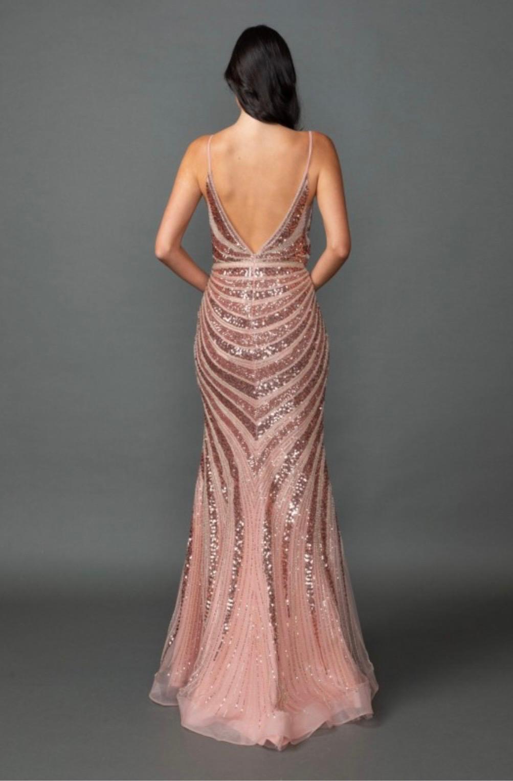 SEQUIN PROM DRESS WITH V-NECKLINE/ ROSE GOLD BLUSH