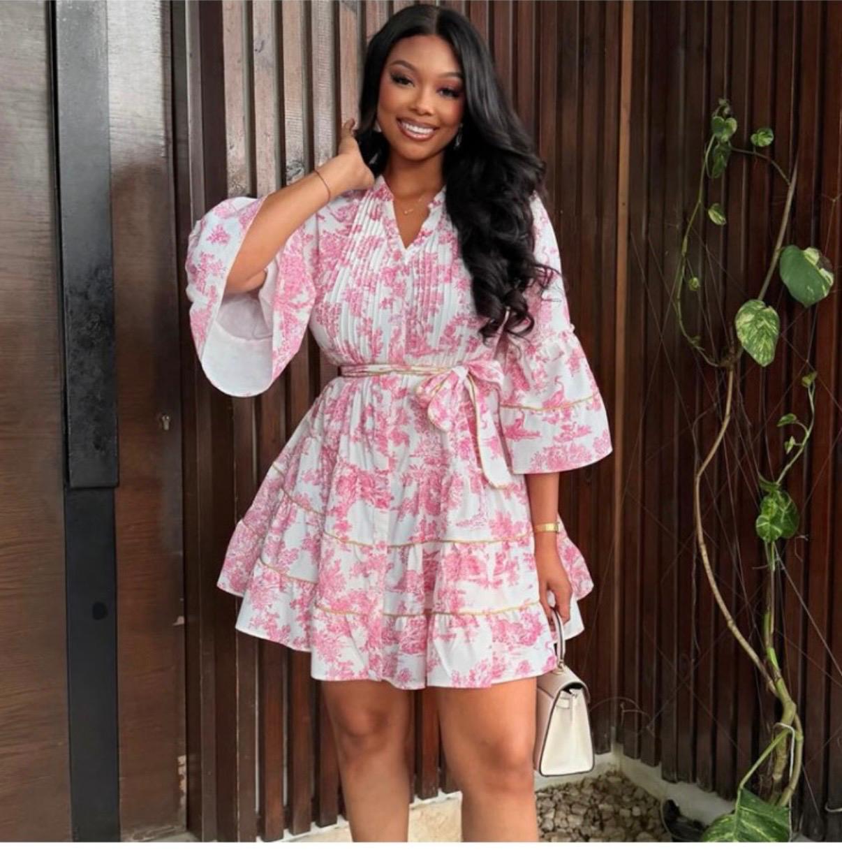 Floral Trumpet Sleeve mini V Neck Mini Dress