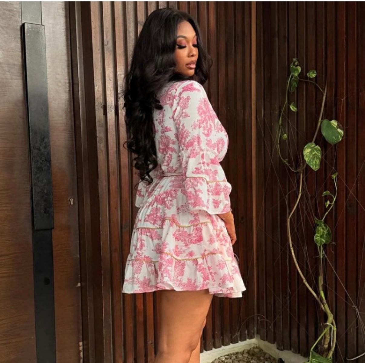 Floral Trumpet Sleeve mini V Neck Mini Dress