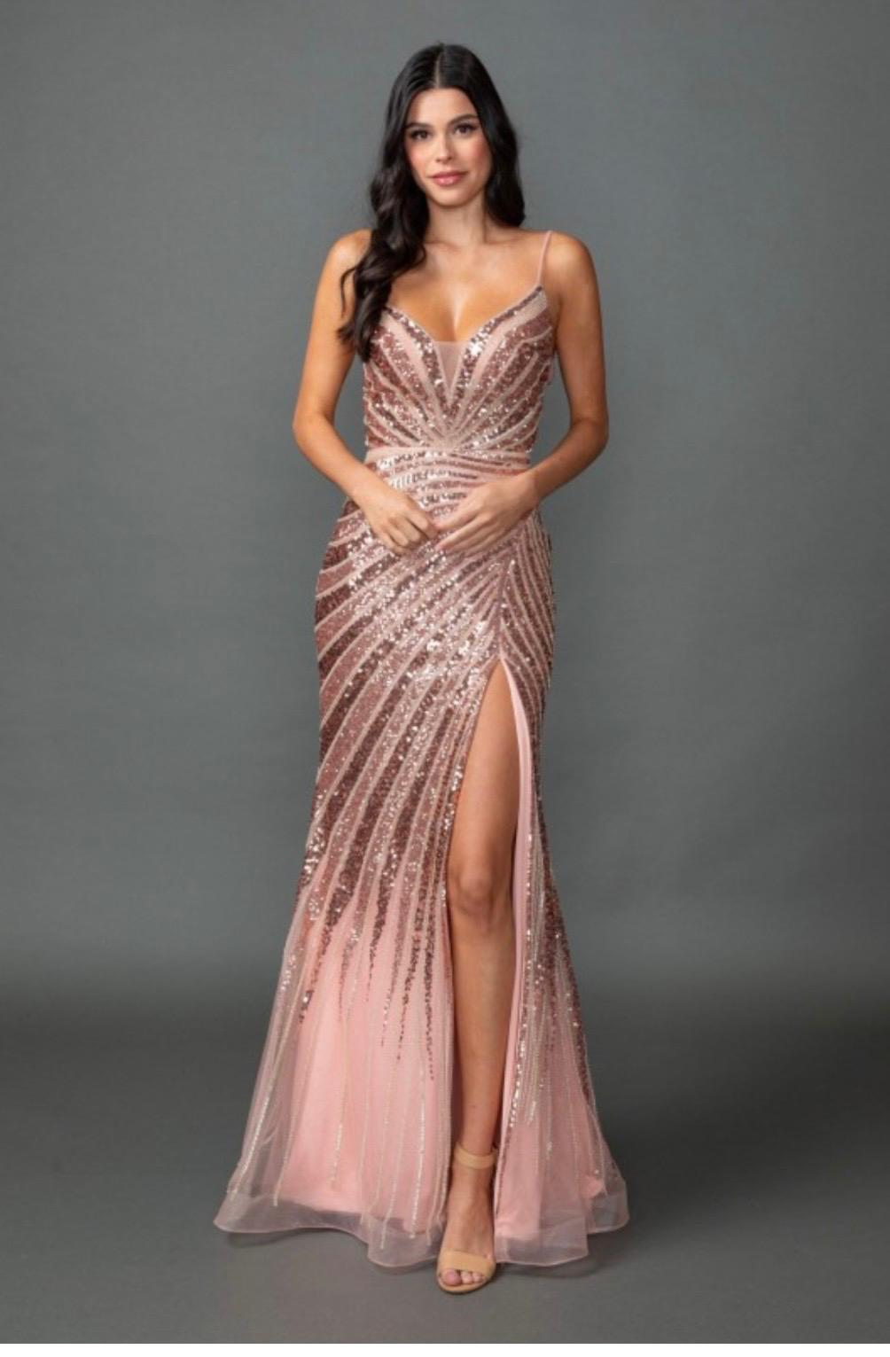 SEQUIN PROM DRESS WITH V-NECKLINE/ ROSE GOLD BLUSH
