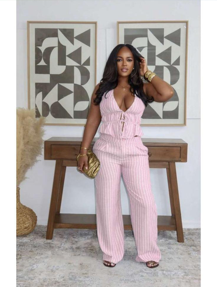 Thia  Striped Halter Lace-Up Pant Setsare