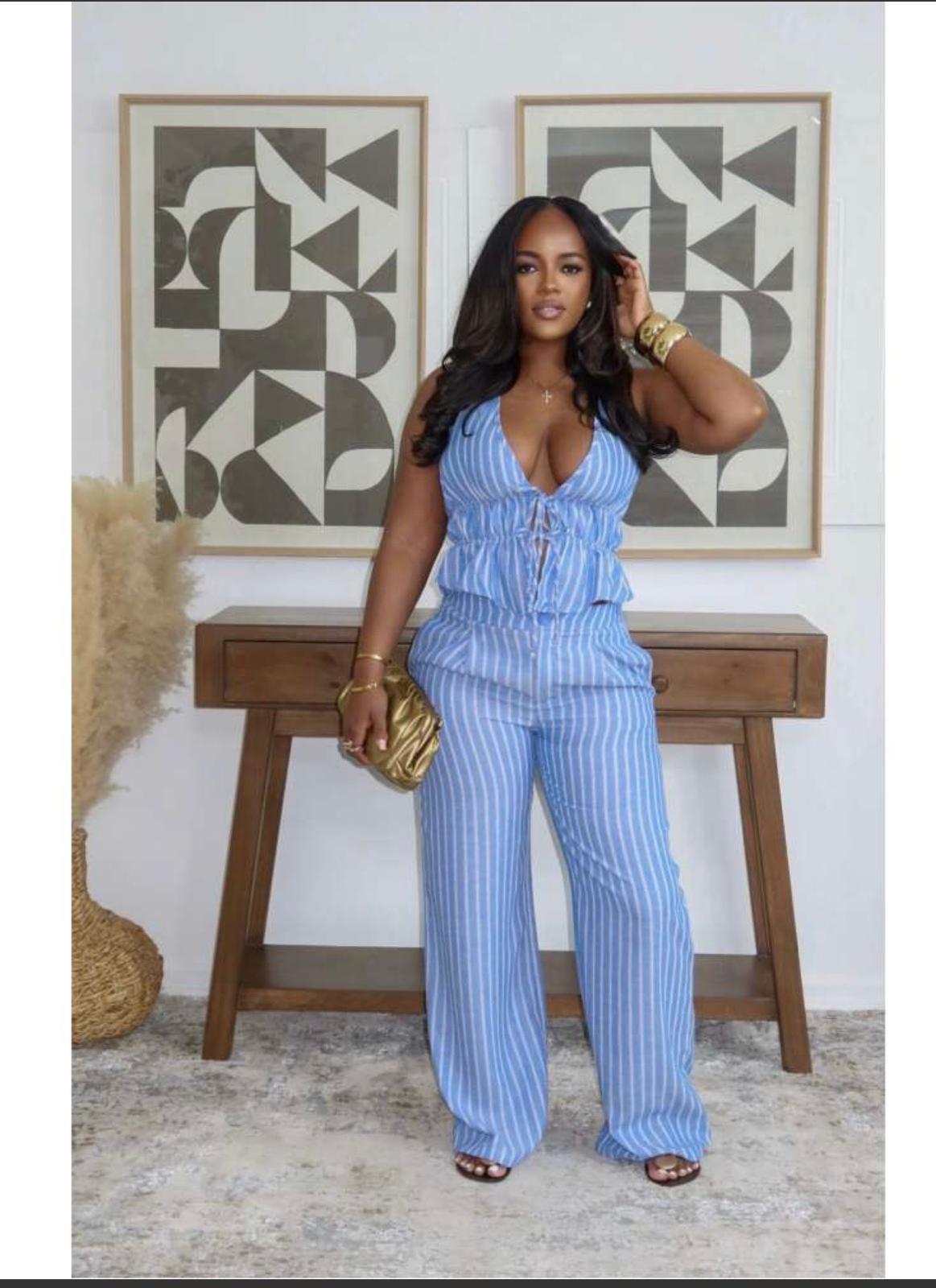 Thia  Striped Halter Lace-Up Pant Setsare