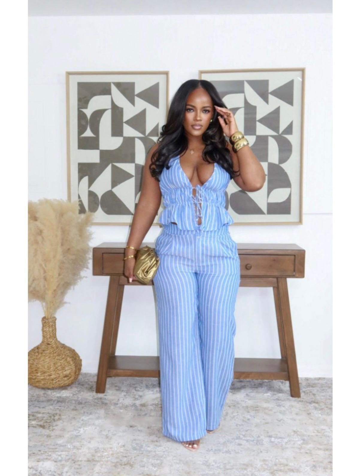 Thia  Striped Halter Lace-Up Pant Setsare