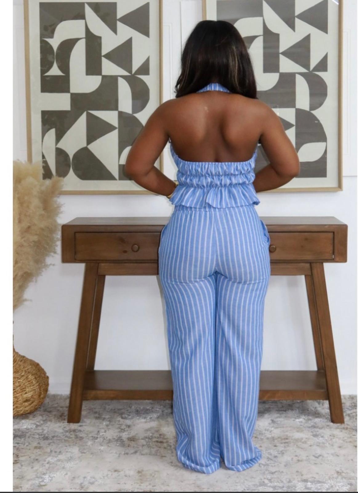 Thia  Striped Halter Lace-Up Pant Setsare