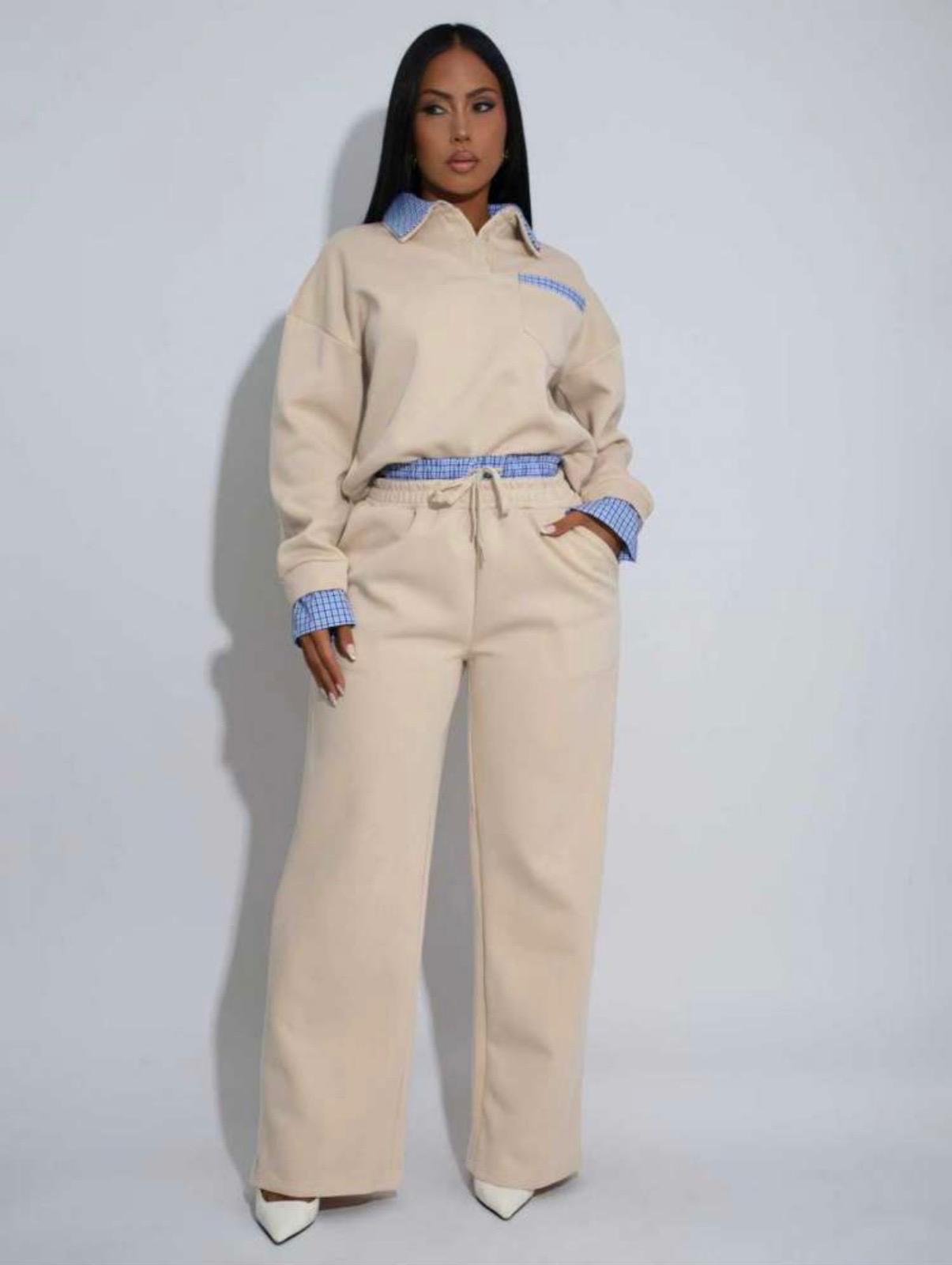 Thia Casual Plaid Lapel Sweatshirt Pant Sets