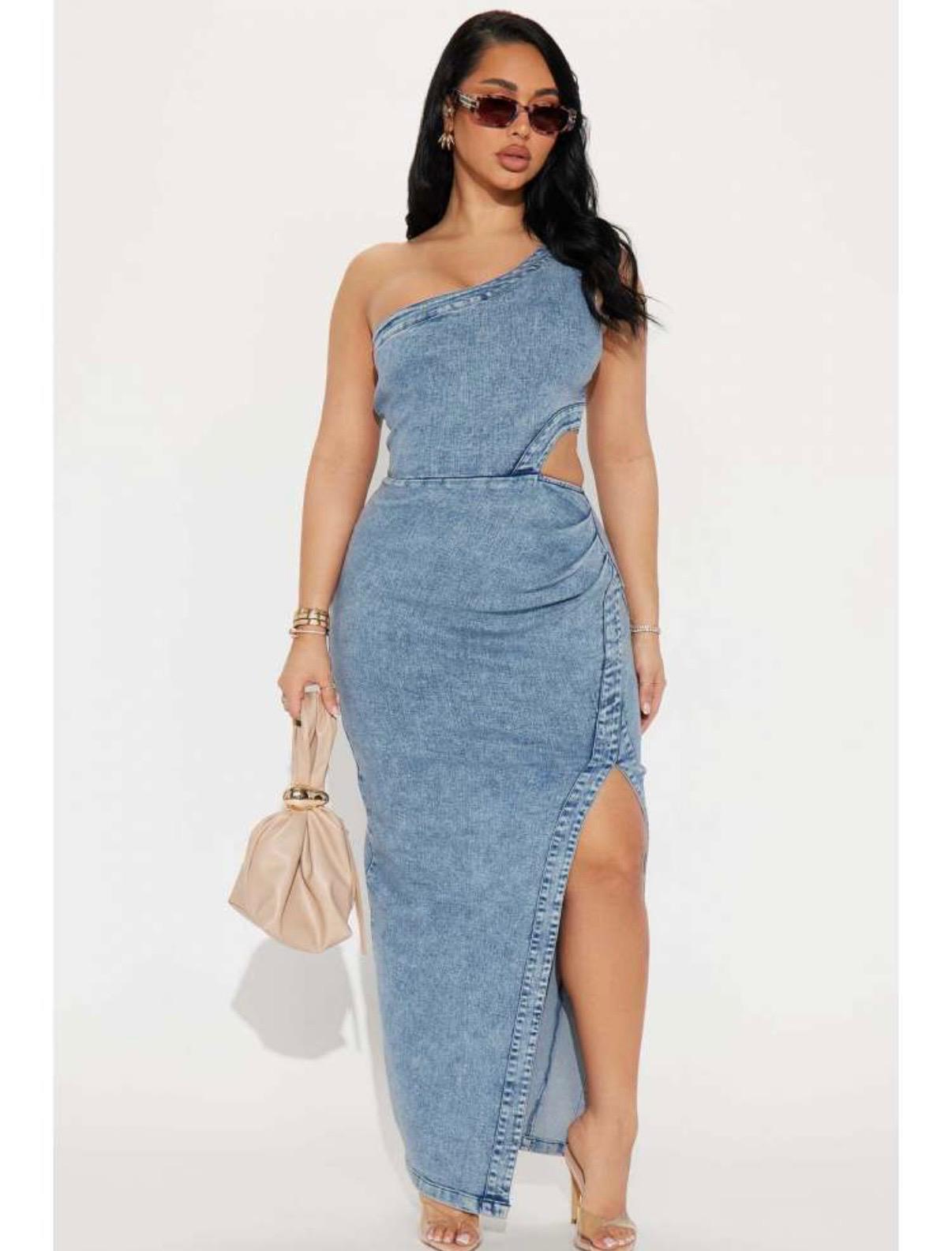 Thia Denim Hollow-out One Shoulder Maxi Dress
