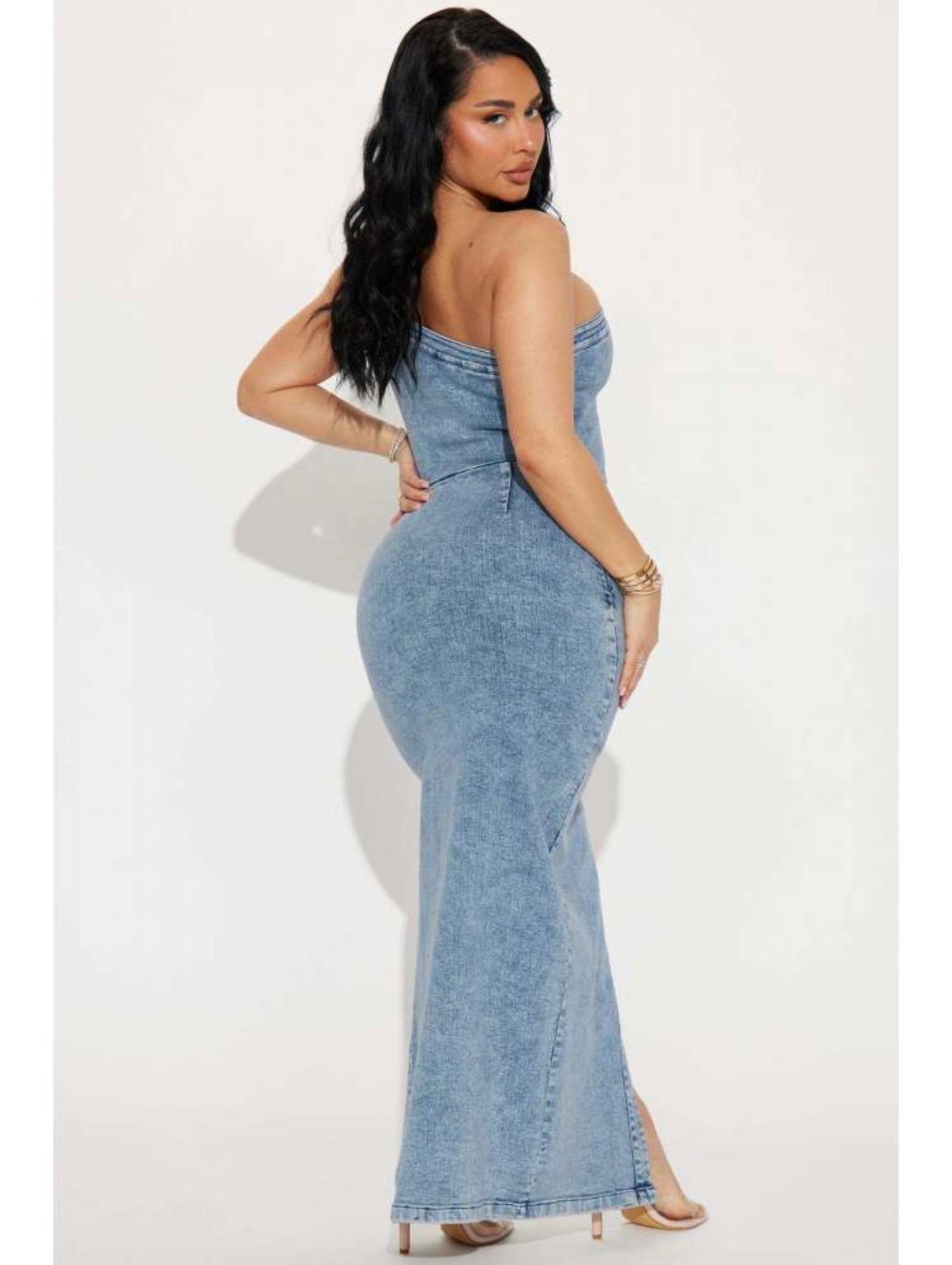 Thia Denim Hollow-out One Shoulder Maxi Dress