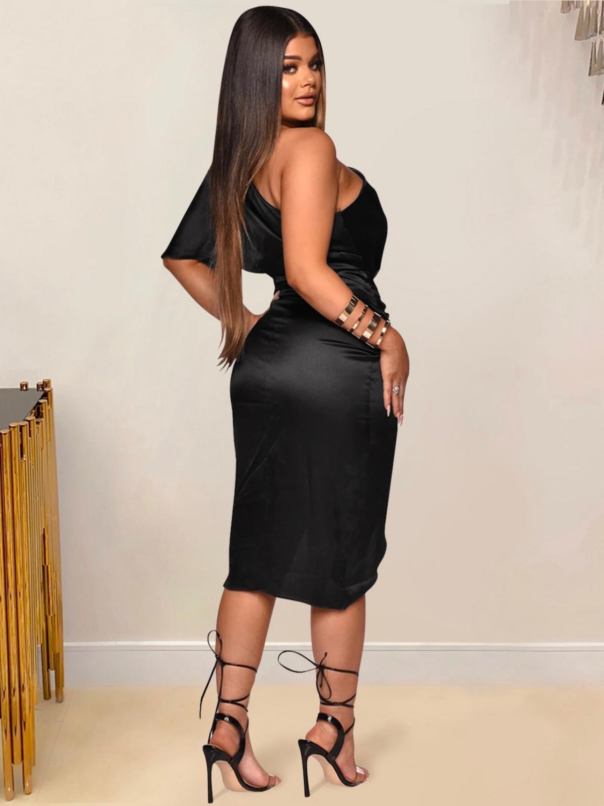 Thia Satin Solid One Shoulder Slit Short Sleeve Dress