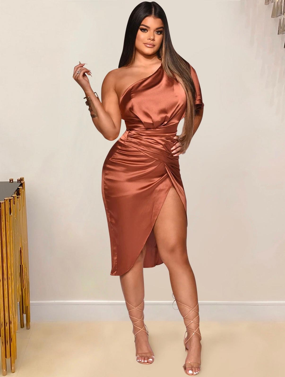 Thia Satin Solid One Shoulder Slit Short Sleeve Dress