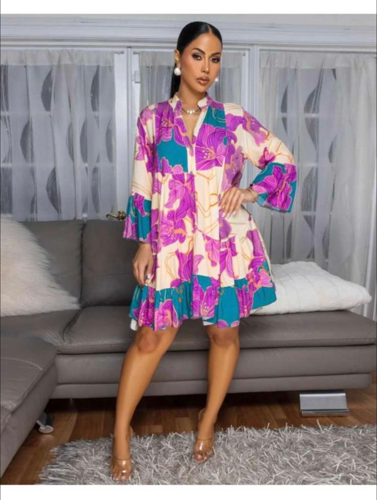 Thia Colorblock V Neck Loose Button Up Midi Dress