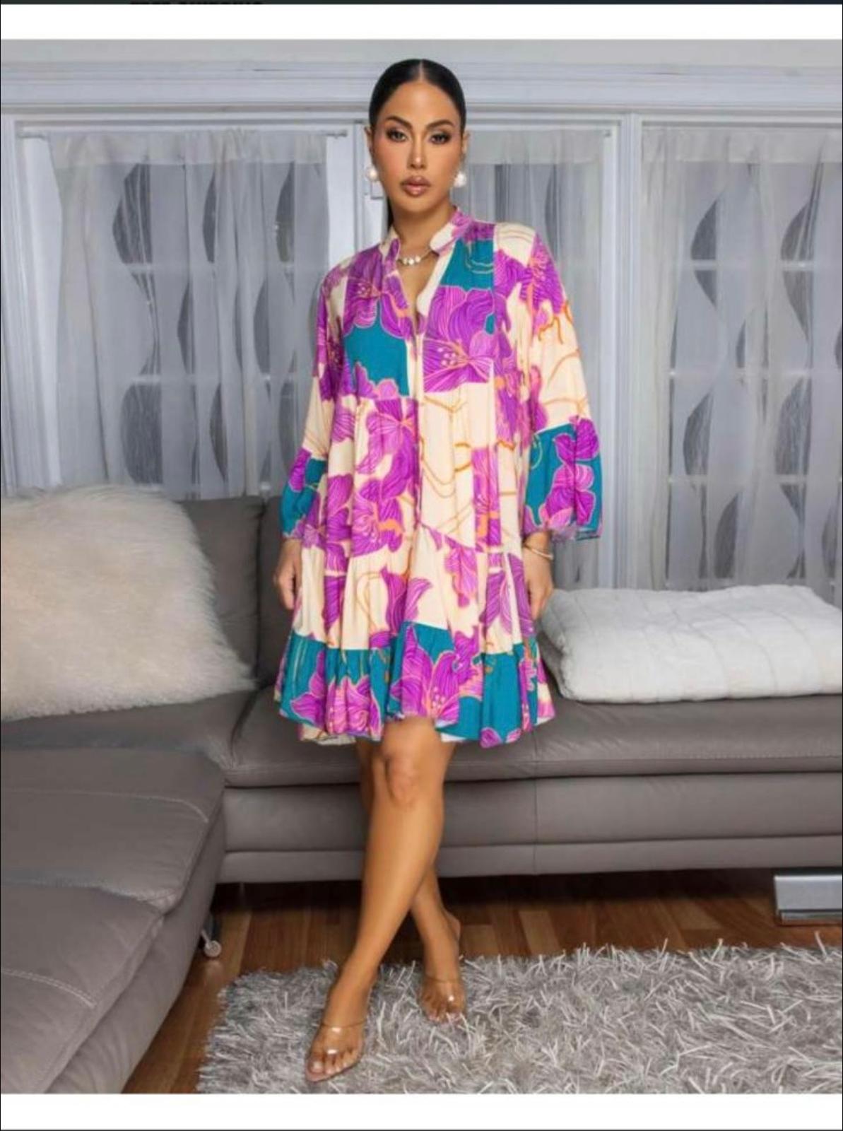 Thia Colorblock V Neck Loose Button Up Midi Dress