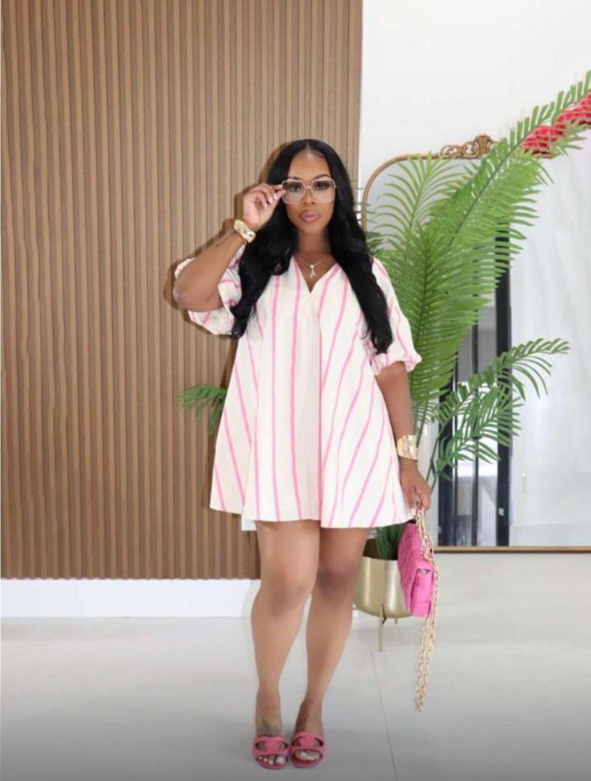 Thia Colorblock V Neck Puff Sleeve Mini Dress