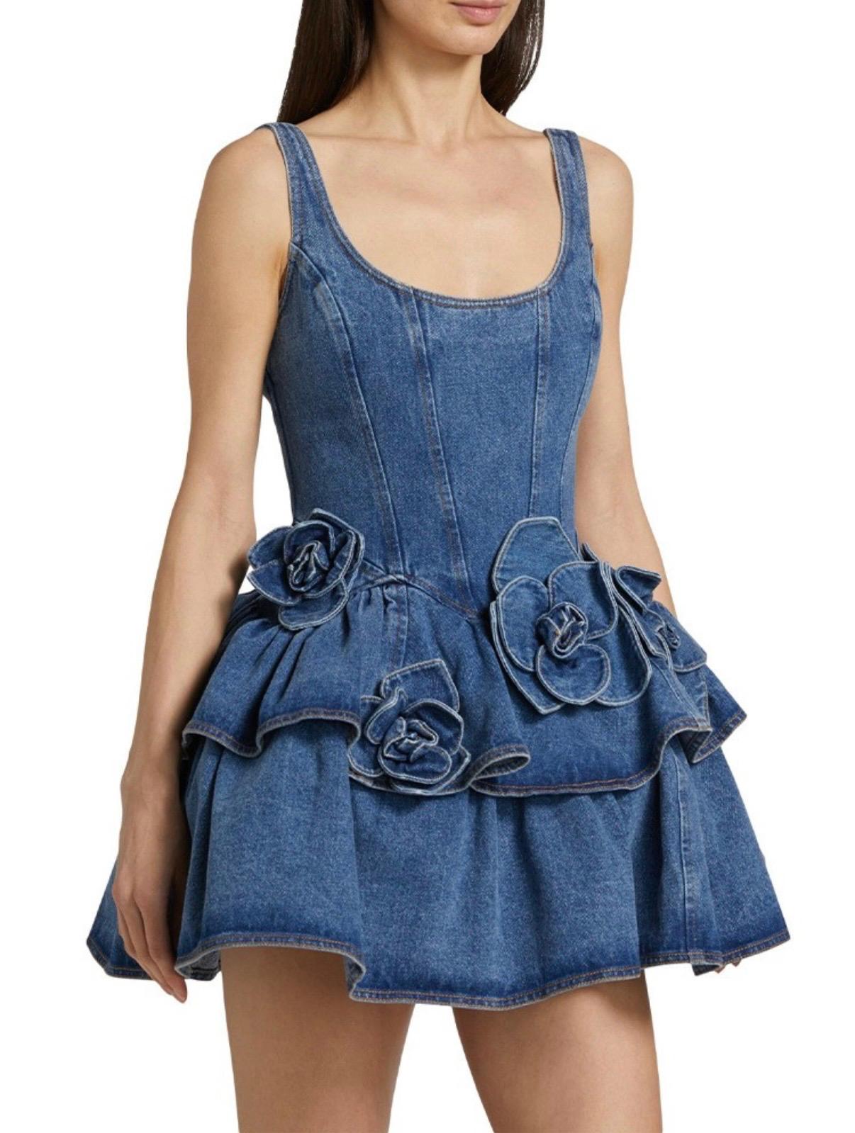 Thia Denim Sleeveless Flower Decor Mini Dress
