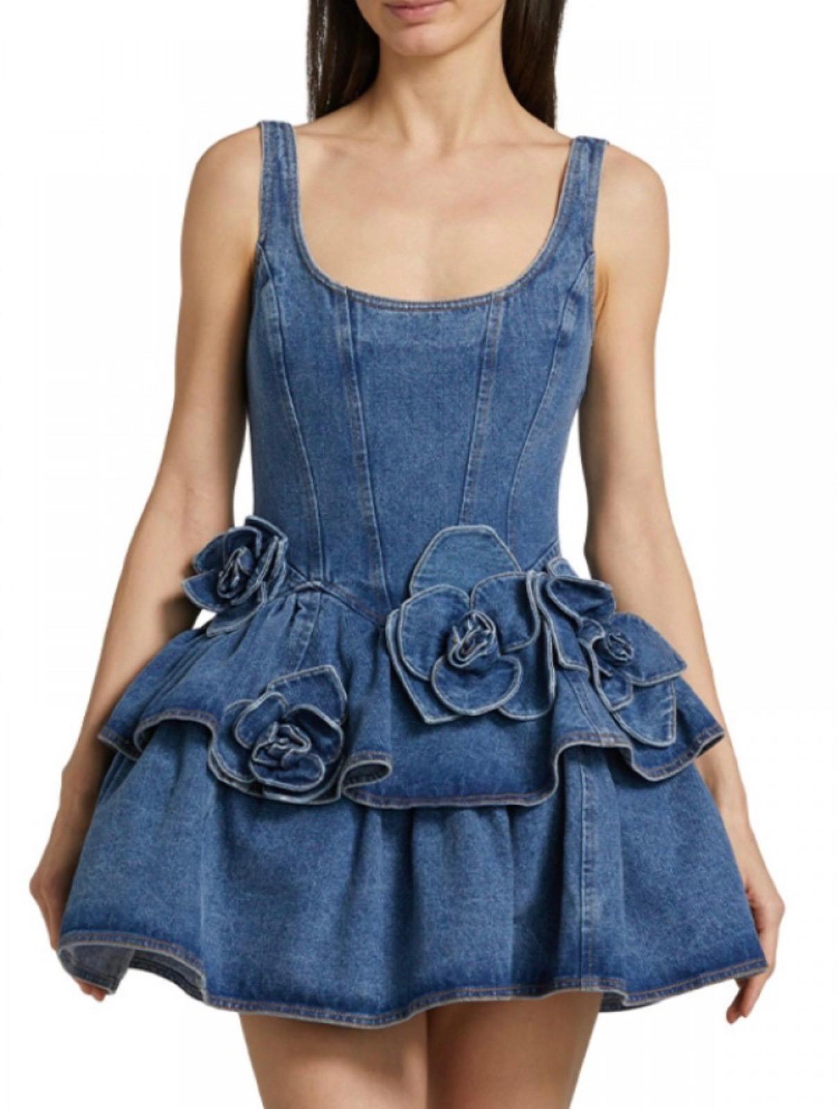 Thia Denim Sleeveless Flower Decor Mini Dress