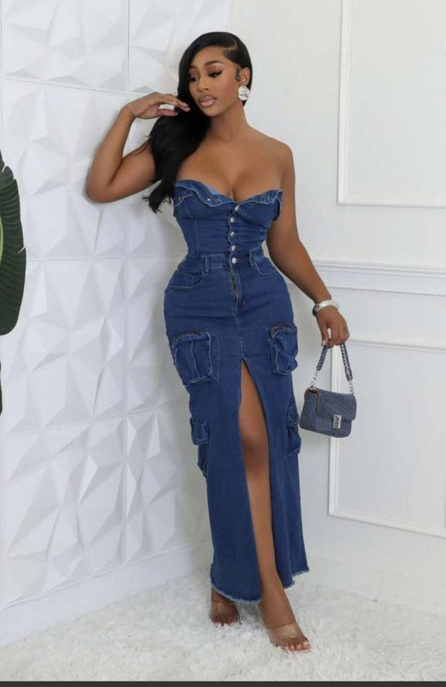 Thia Strapless Denim Cargo Split Hem Maxi Dress