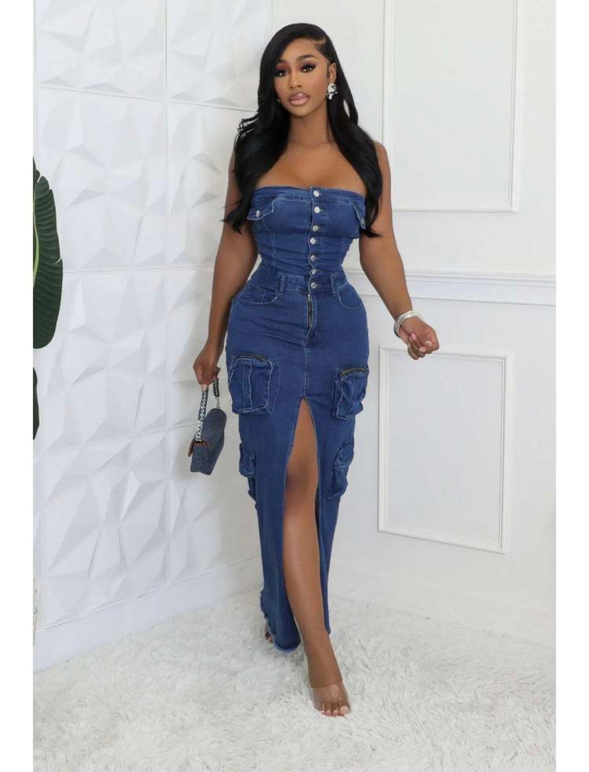 Thia Strapless Denim Cargo Split Hem Maxi Dress