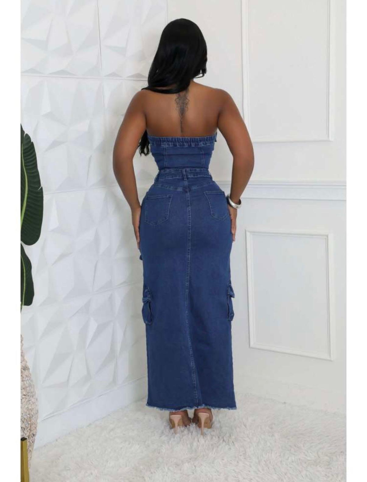 Thia Strapless Denim Cargo Split Hem Maxi Dress