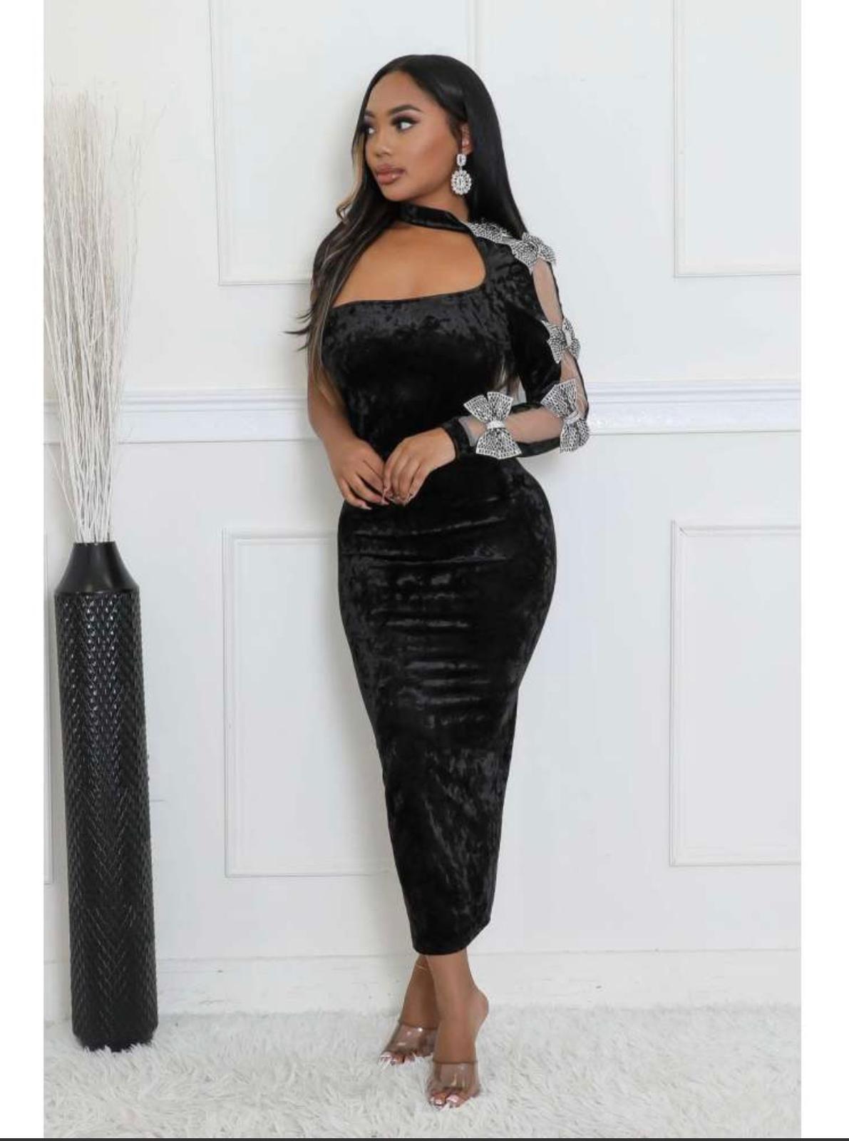 Thia Velvet Ribbon Bow One Shoulder Maxi Dress