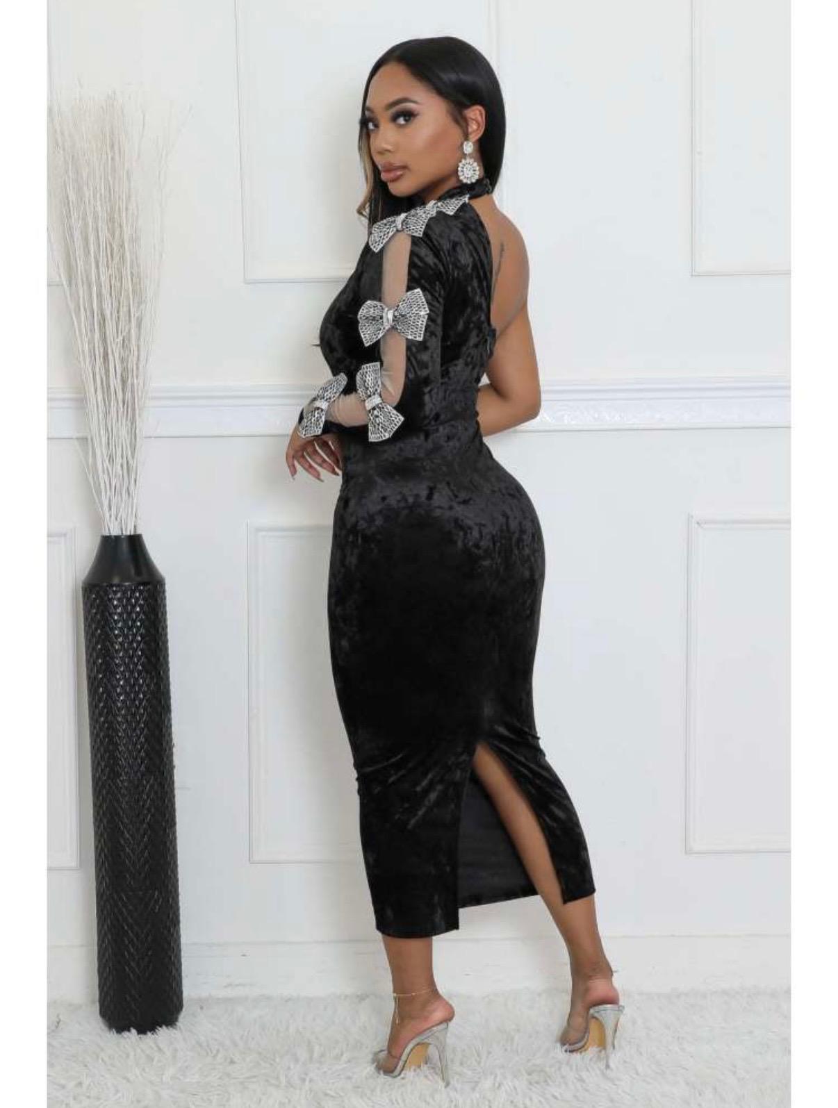 Thia Velvet Ribbon Bow One Shoulder Maxi Dress
