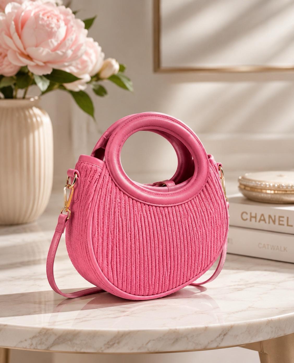 Thia: 3-Piece Denim & Pink Statement Bundle – Romper, Platform Heels & Round Handbag