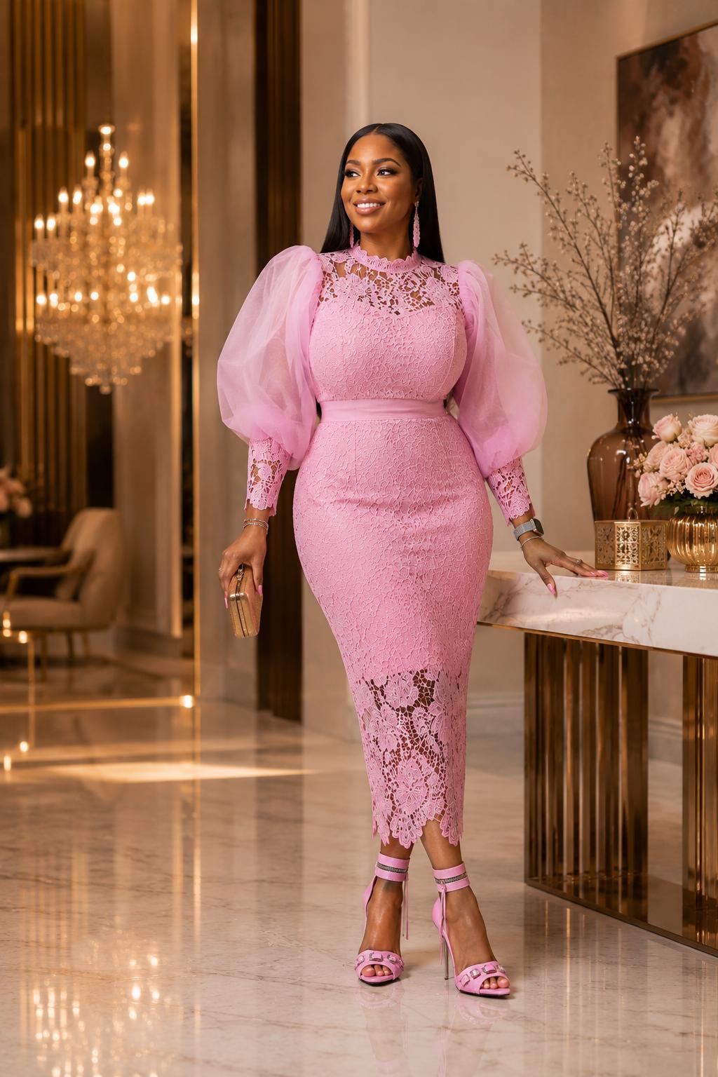 THIA Blush Elegance Lace Midi Dress & Crystal Pink Heel Set – Thia Collections