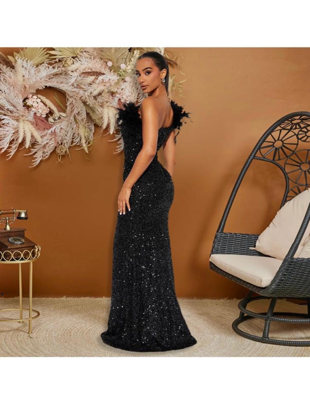 feather Sequin Inclined Shoulder Maxi Dress