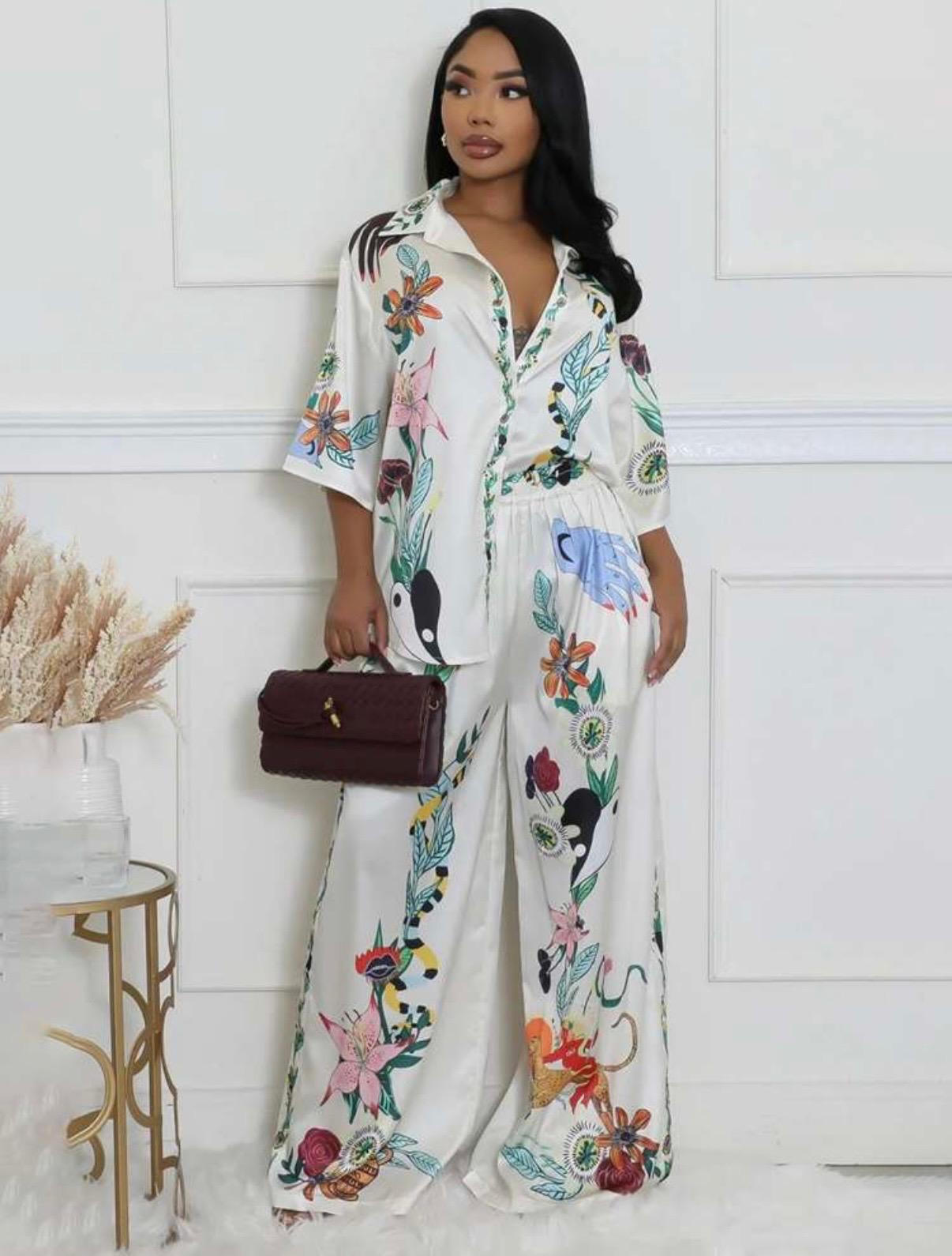 Thia blend of style and comfort with the Satin Cartoon Print Shirt Wide Leg Pant Sets