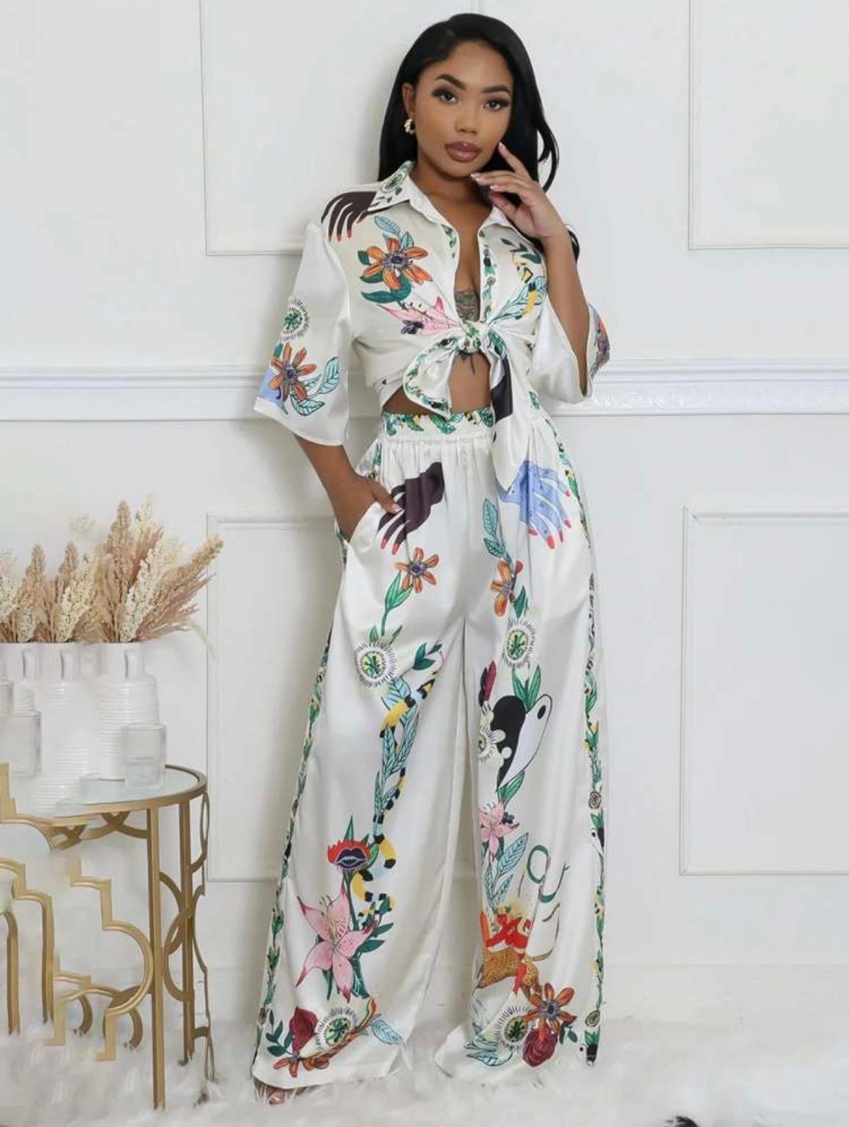 Thia blend of style and comfort with the Satin Cartoon Print Shirt Wide Leg Pant Sets