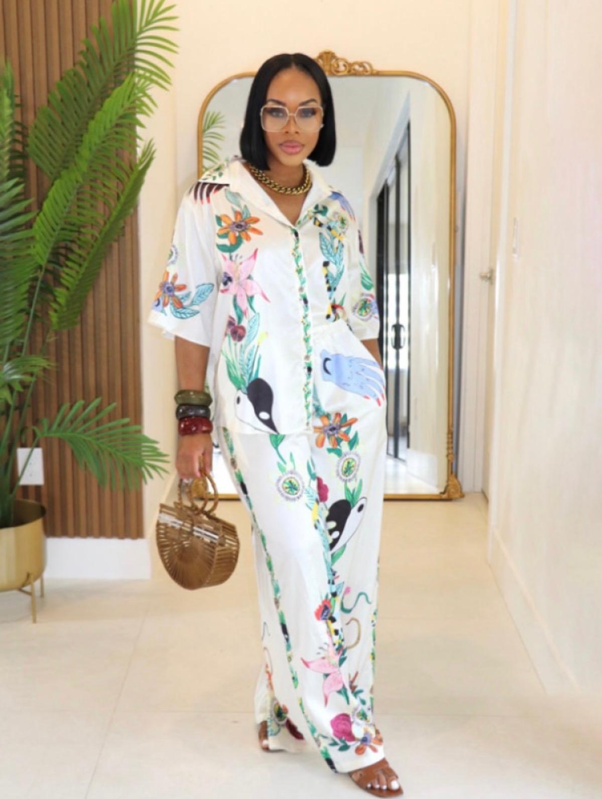 Thia blend of style and comfort with the Satin Cartoon Print Shirt Wide Leg Pant Sets