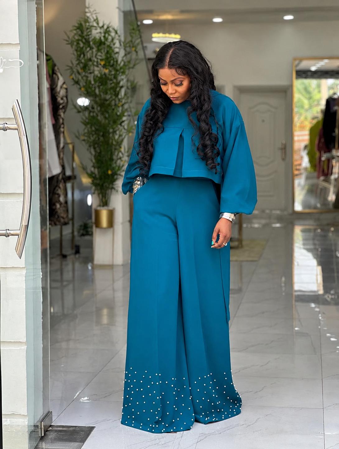 Ocean Teal embellished Palazzo Set
