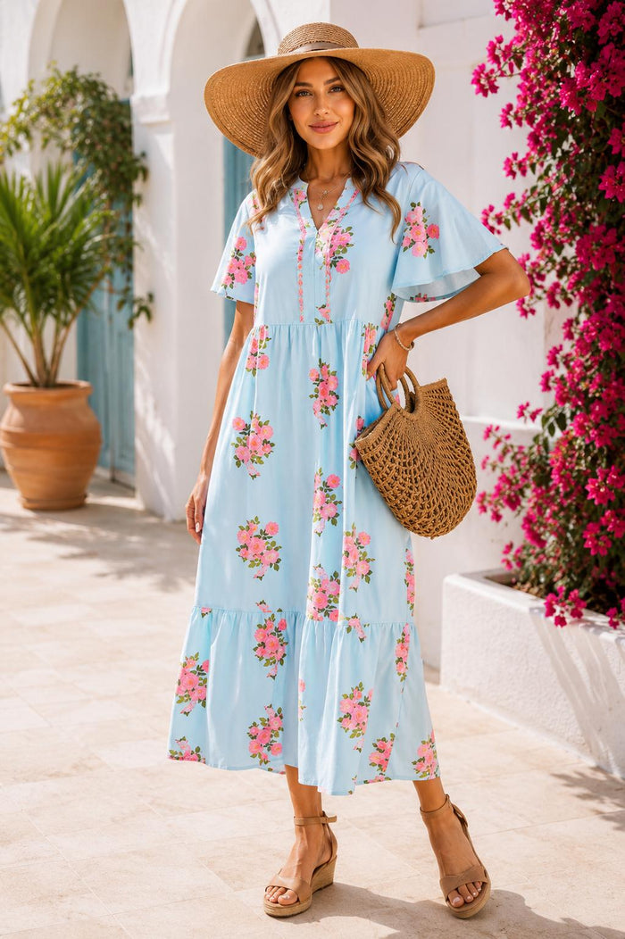 THIA COLLECTIONS – Sky Blue Floral Flutter Sleeve Maxi Dress