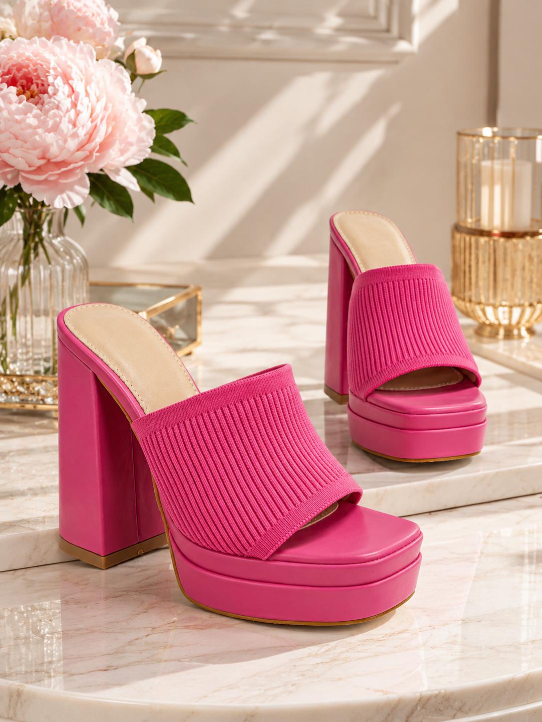 Thia: 3-Piece Denim & Pink Statement Bundle – Romper, Platform Heels & Round Handbag