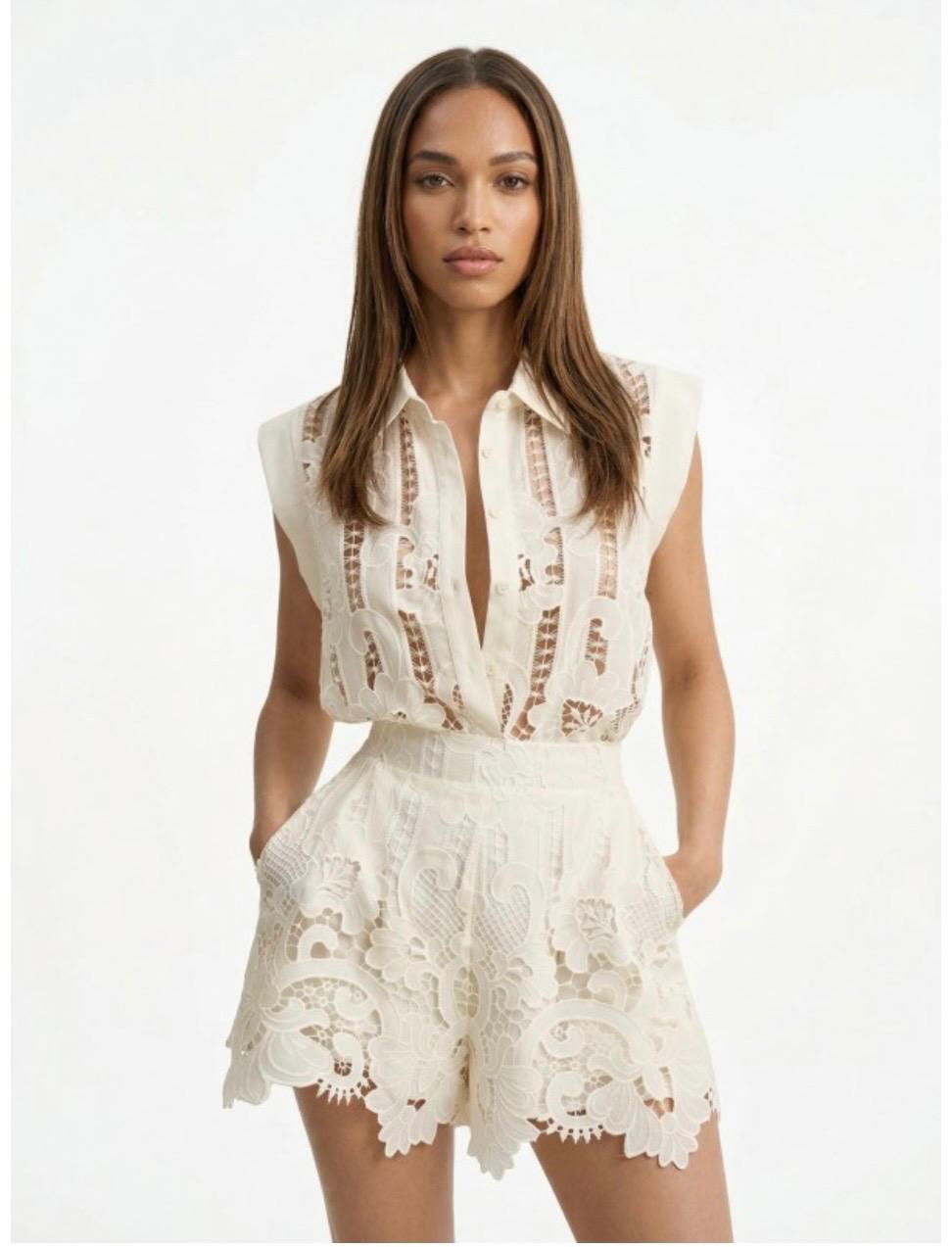 Ivory Guipure Lace Sleeveless Two-Piece Set