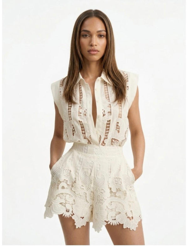 Ivory Guipure Lace Sleeveless Two-Piece Set