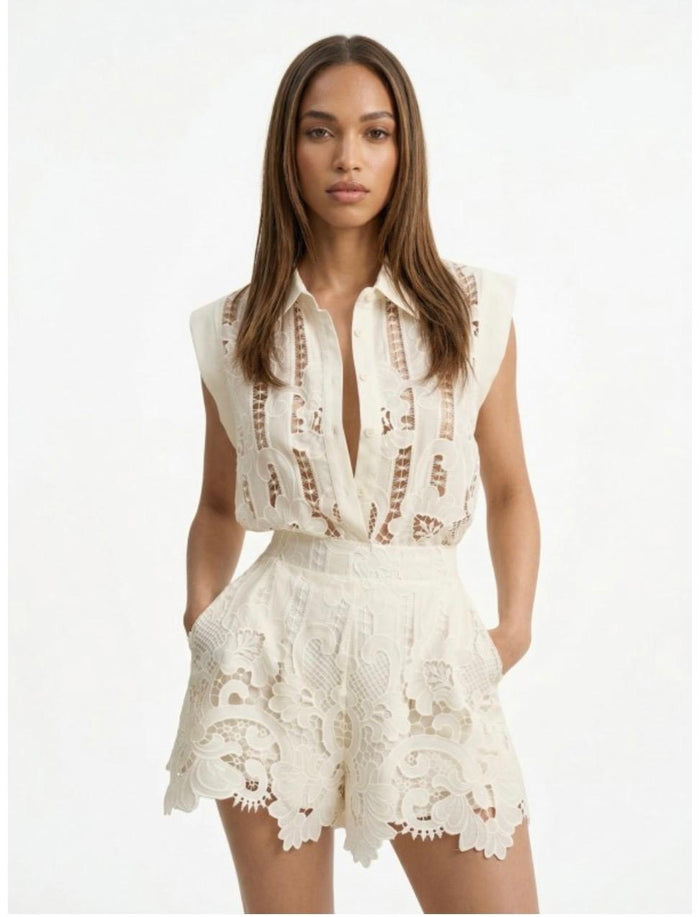 Ivory Guipure Lace Sleeveless Two-Piece Set