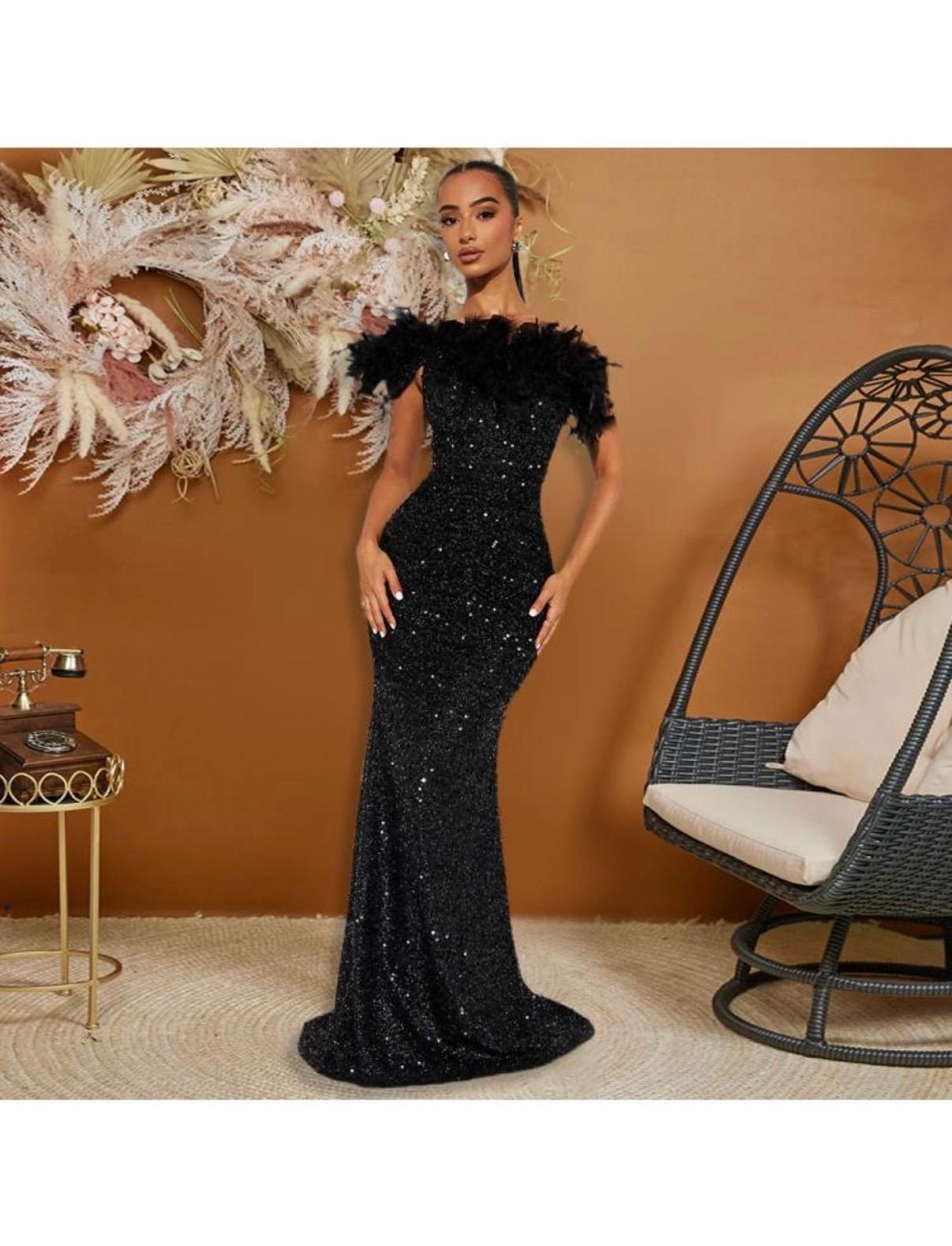 feather Sequin Inclined Shoulder Maxi Dress
