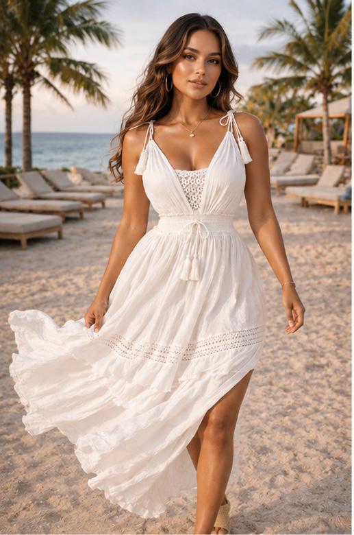THIA Coastal Grace White High-Low Maxi Dress