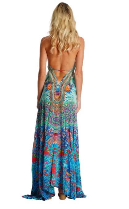 Tropical Bohemian High-Low Maxi Dress with Tassel Detail