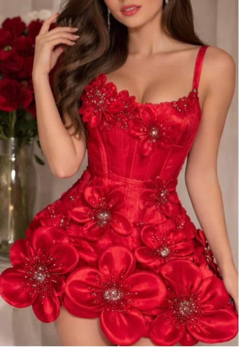 Crimson Blosson Couture Mini Dress