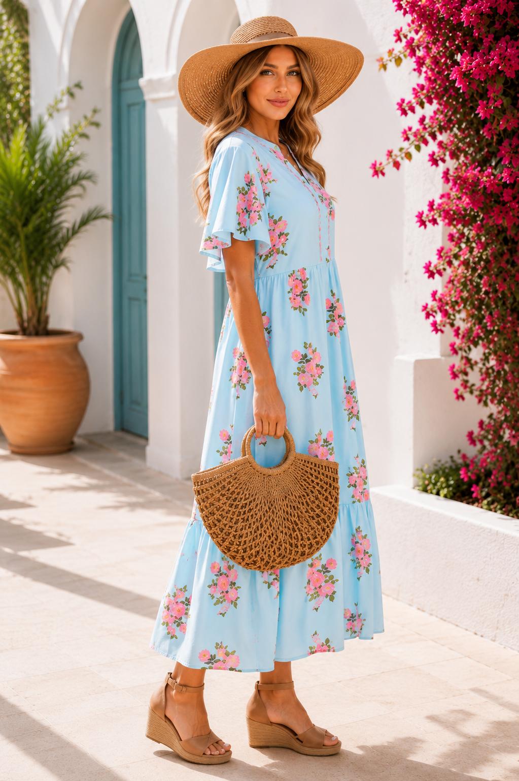 THIA COLLECTIONS – Sky Blue Floral Flutter Sleeve Maxi Dress