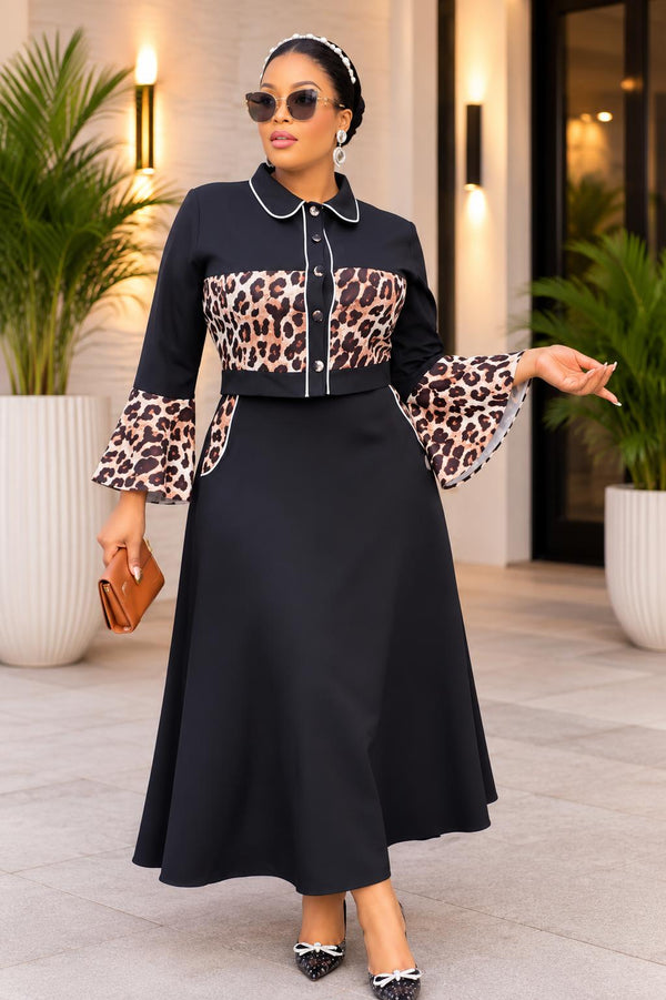 THIA Leopard Elegance Two-Piece Midi Skirt Set