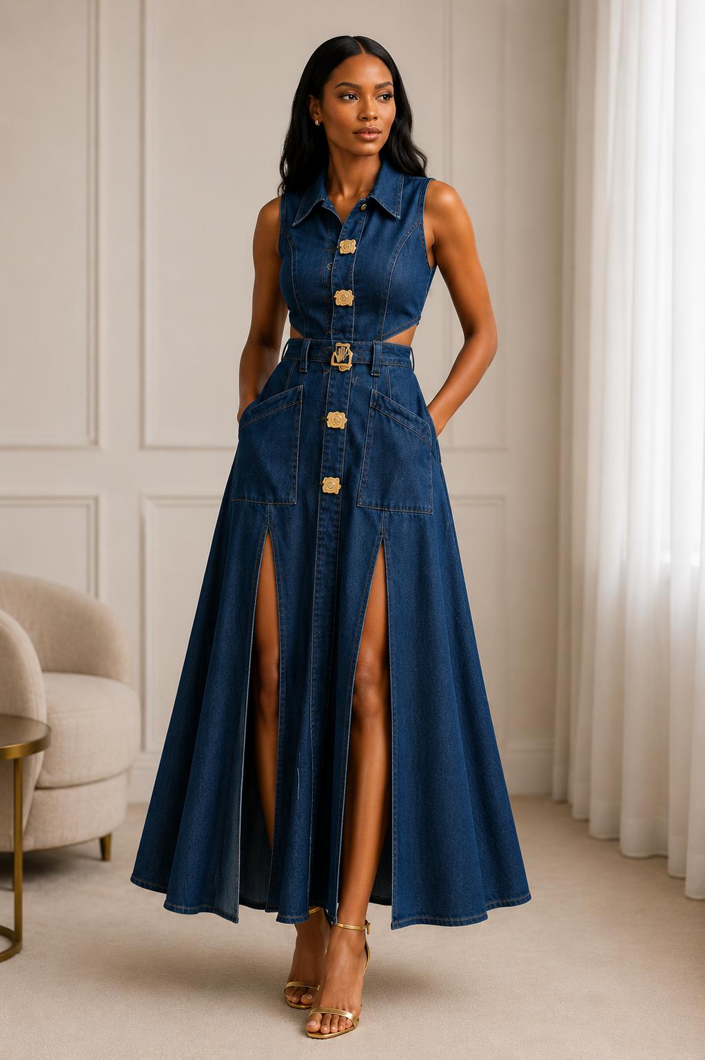 Thia Denim Cutouts Split Hem Collar Dresses