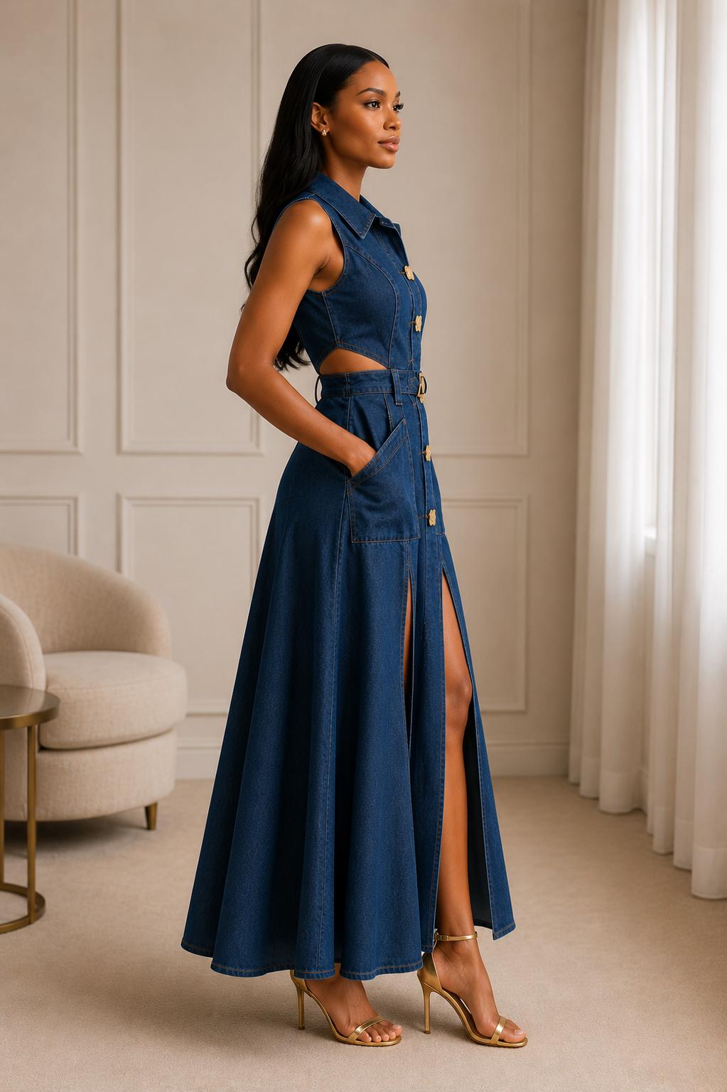 Thia Denim Cutouts Split Hem Collar Dresses