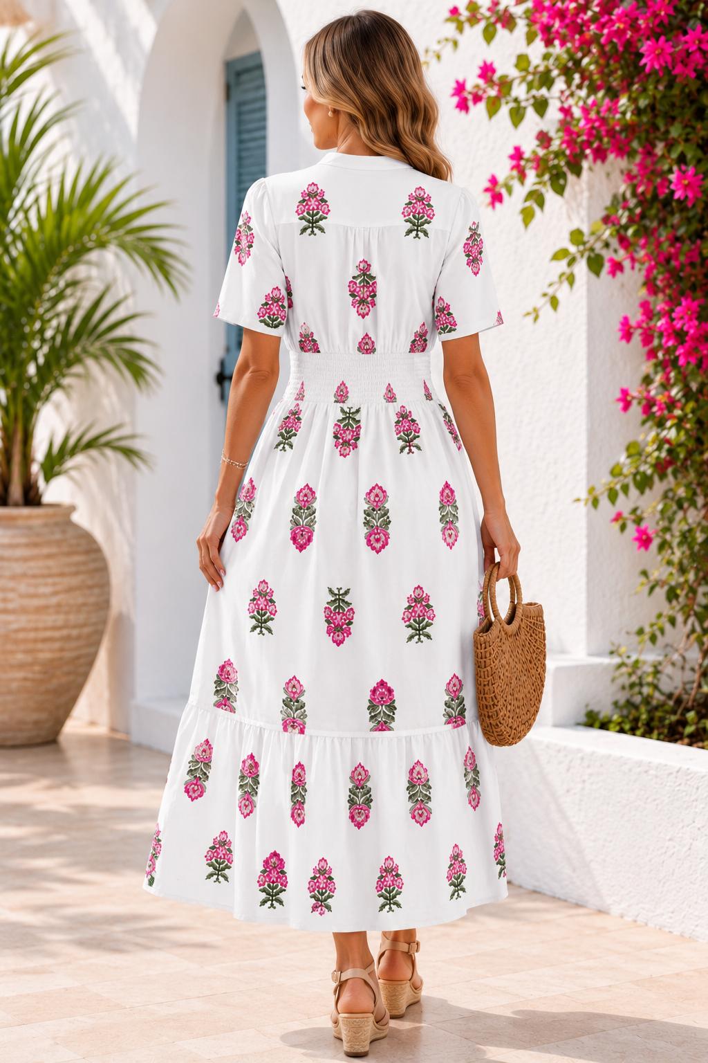 THIA COLLECTIONS – White Floral Smocked Waist Midi Dress