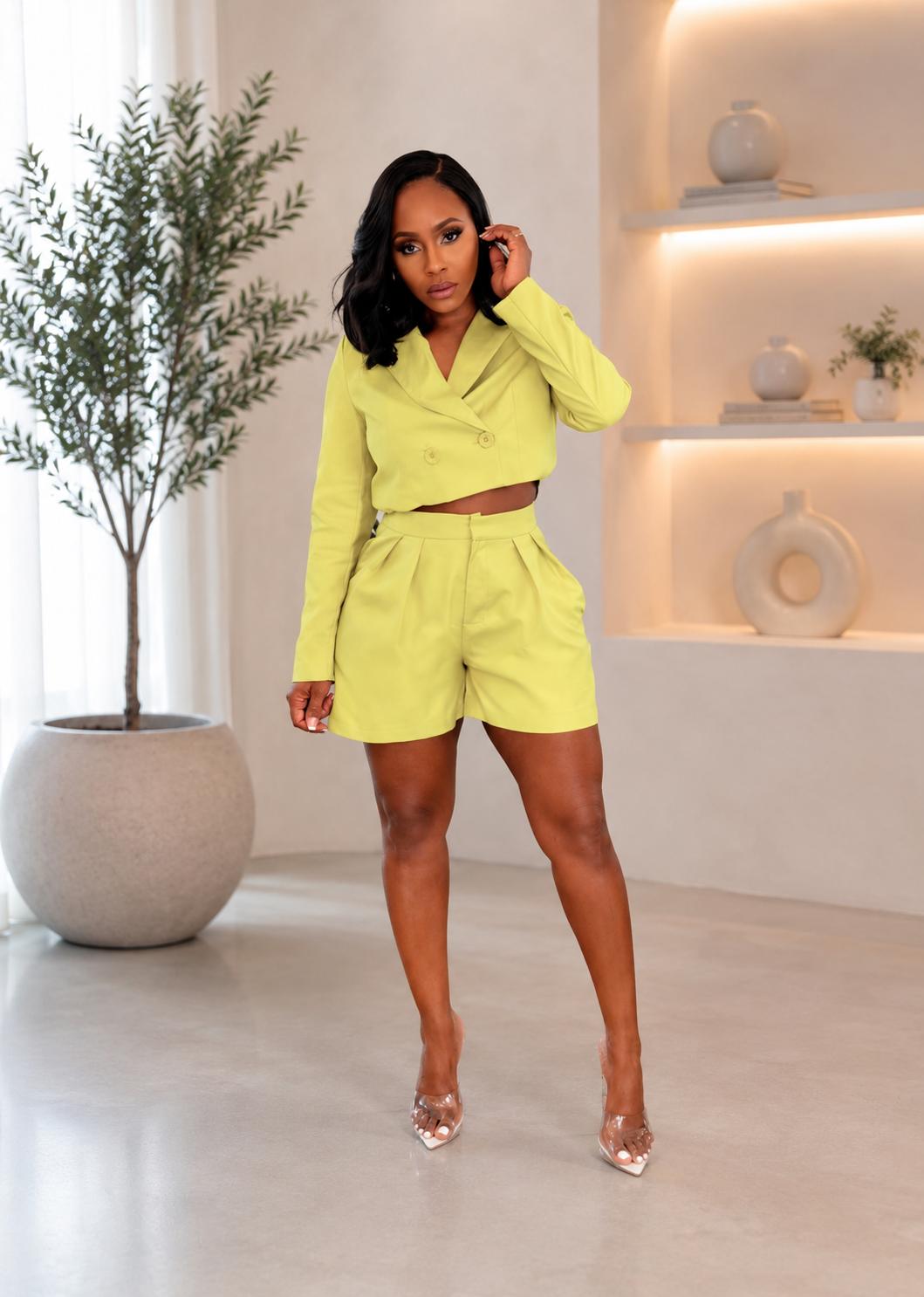 THIA Chic Cropped Blazer &amp; High-Waisted Shorts 2-Piece Set