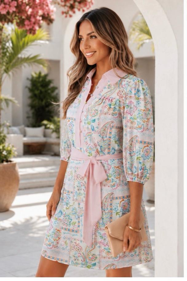 THIA Pastel Paisley Shirt Dress with Waist Tie