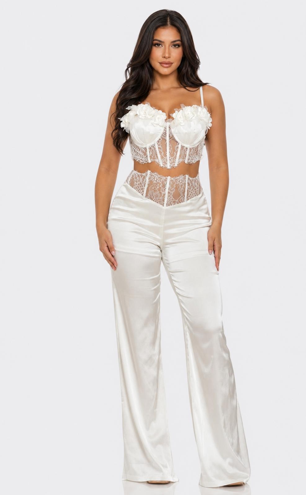 Thia Blossom Lace Corset & Satin Pants Set- @-Pieces