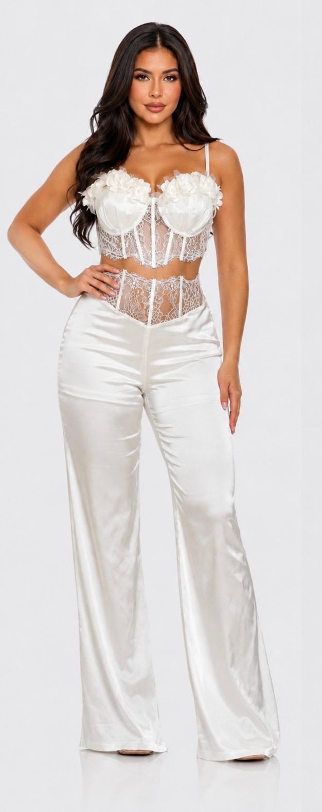 Thia Blossom Lace Corset & Satin Pants Set- @-Pieces