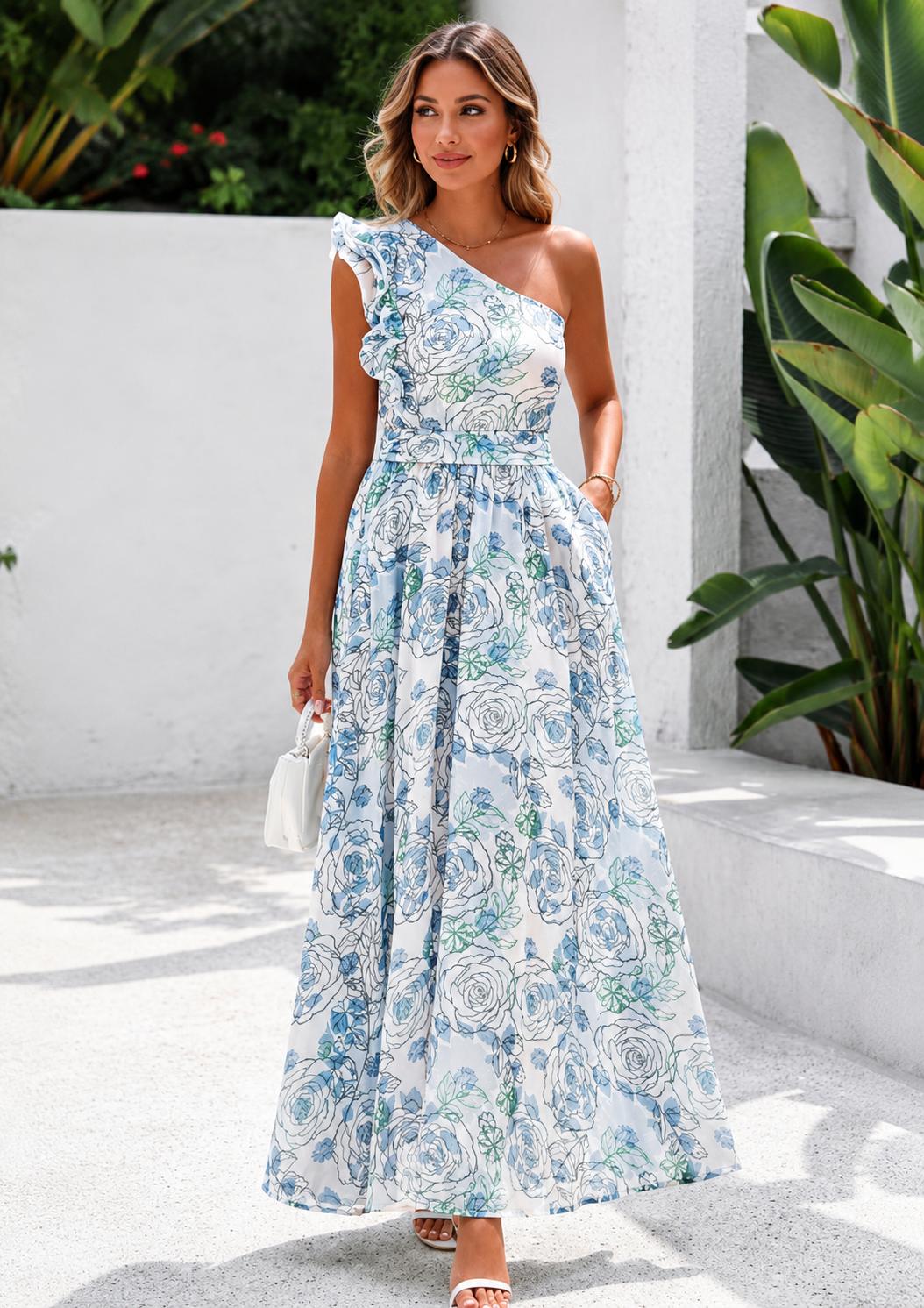 THIA Garden Grace One-Shoulder Floral Maxi Dress